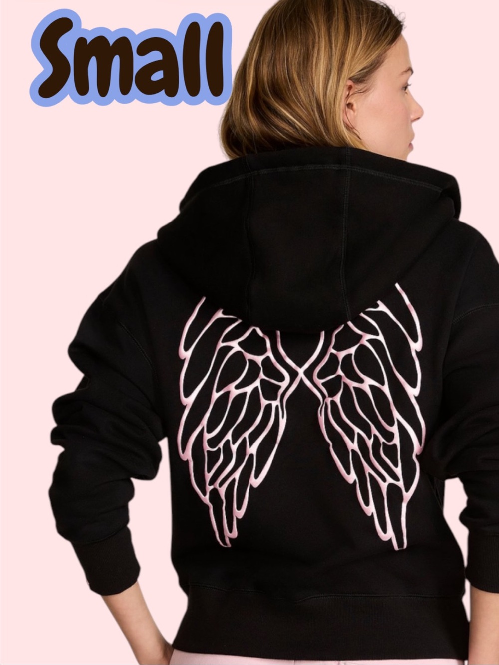 ANGEL ESSENTIALS SMALL BLACK FULL ZIP Hoodie with ICONIC GRAPHIC WINGS